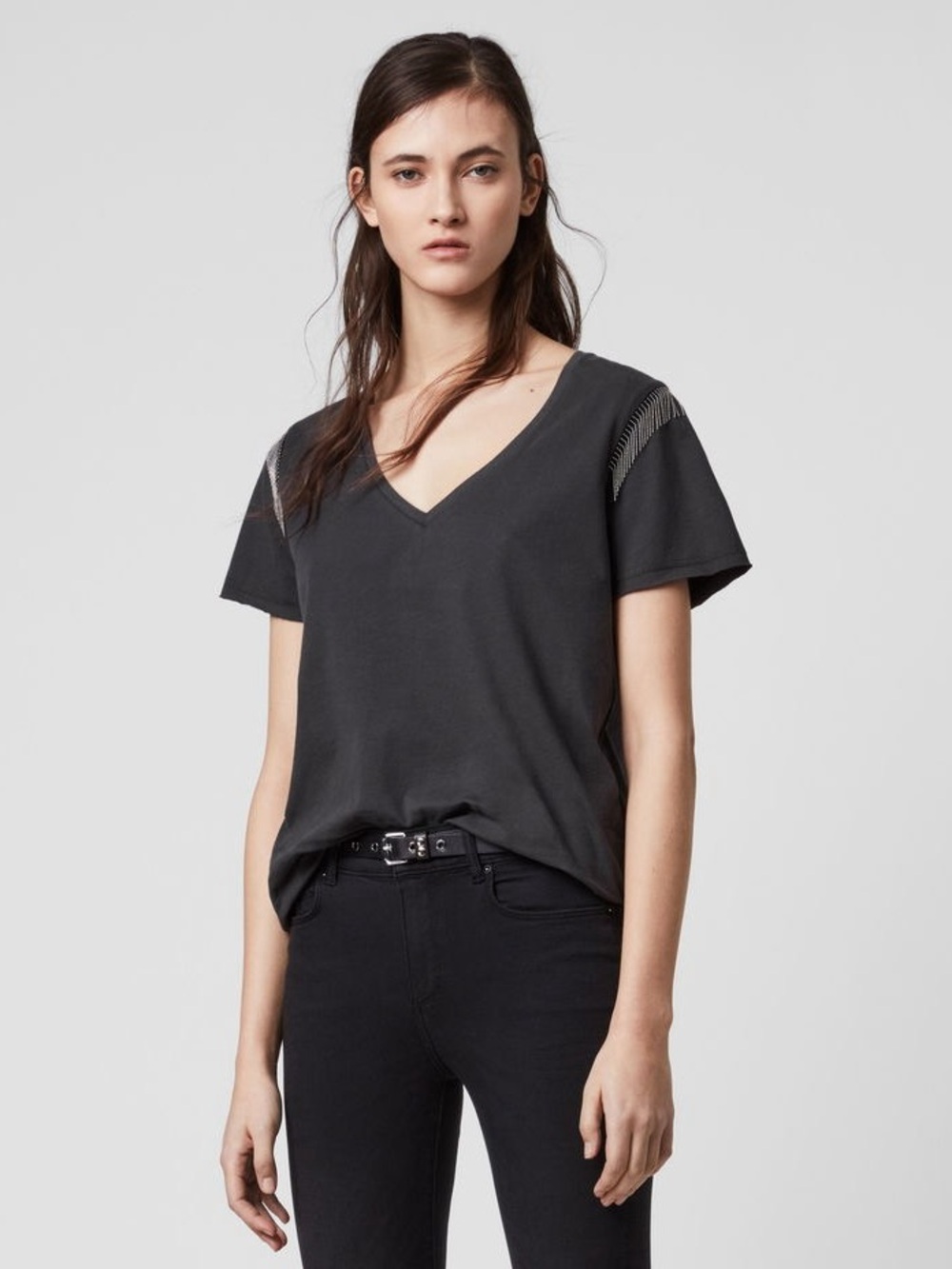 All Saints Emelyn Chain Tee in Washed Black Small